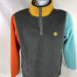 Dutch Bros Coffee Sherpa Fleece Pullover Color Block Sweater Blue Orange Small